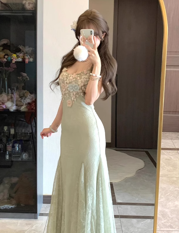 Mint green flower suspender dress gentle temperament waist hip skirt R0624