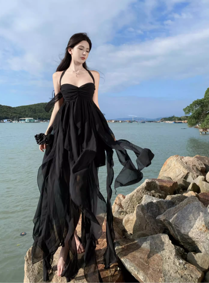 Black sexy tube top long skirt elegant and fairy irregular hem halter neck backless beach dress R1618