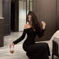 Hepburn style French dress high-end niche temperament sexy off-shoulder black dress R1781