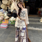 Fairy ethnic style wear hollow knitted lace cardigan floral skirt two-piece suit R1717