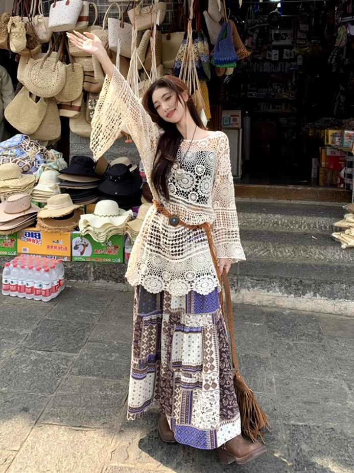 Fairy ethnic style wear hollow knitted lace cardigan floral skirt two-piece suit R1717
