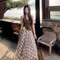 Fairy temperament outfit a complete set of halter neck small vest plaid large swing skirt two-piece suit R1705