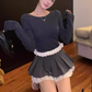 High-grade long-sleeved knitted bottoming shirt 2025 large size gray and white pleated skirt suit R1304