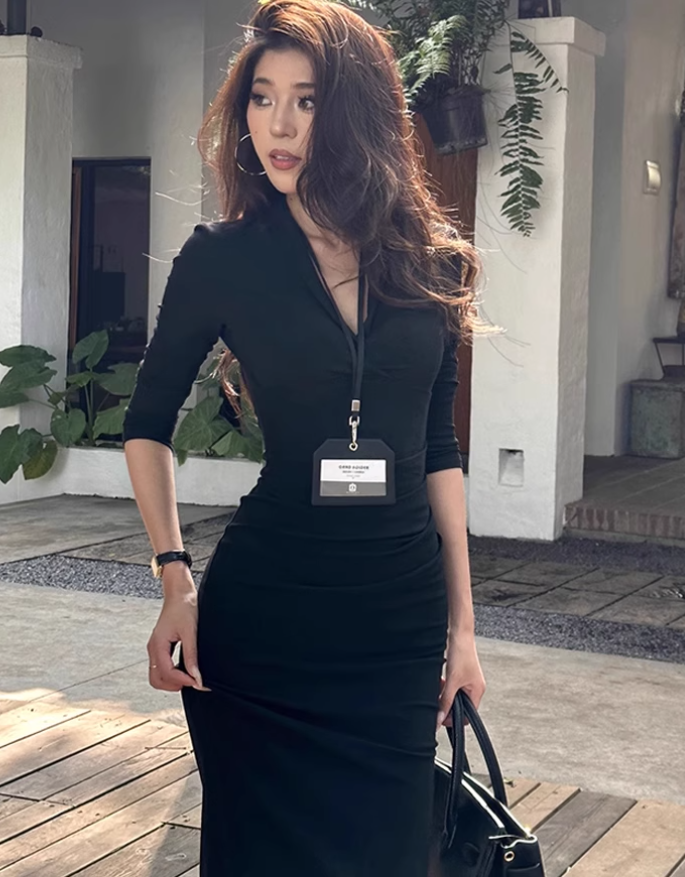 Large size French pure desire V-neck long sleeve slim dress Royal sister hip long skirt R1879