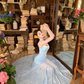 Blue floral suspender dress, elegant waist and hip fishtail skirt R0630