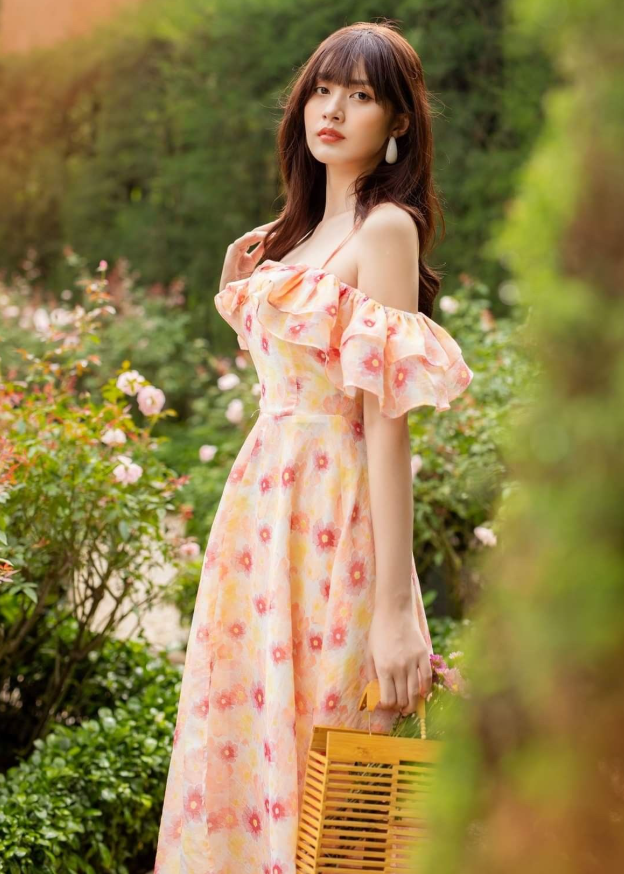 Apricot long dress pink floral one shoulder gentle and elegant long dress homecoming dress R4027