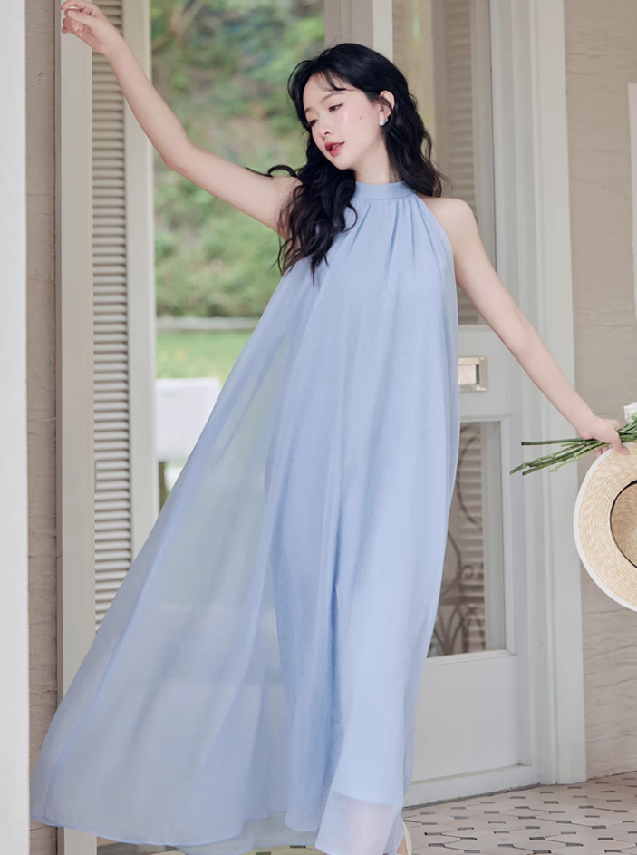 French blue halter neck dress new style holiday style waist beautiful fairy dress R2402