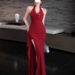 Retro red halter neck dress 2025 new hot girl sexy slit high waist hip long skirt R0036