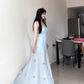 One dress with multiple wears Blue bow suspender dress Gentle temperament waist A-line long skirt R0464