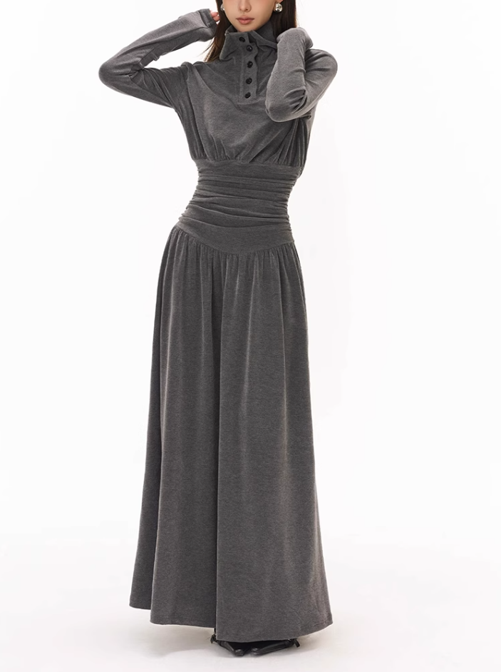 Design half-high polo collar long-sleeved dress 2025 pleated waist A-line long skirt R1034