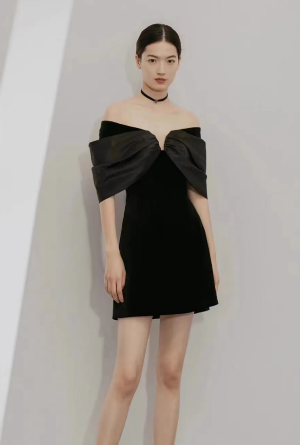 French black satin one shoulder style slimming banquet party short dress, homecoming dress R2987