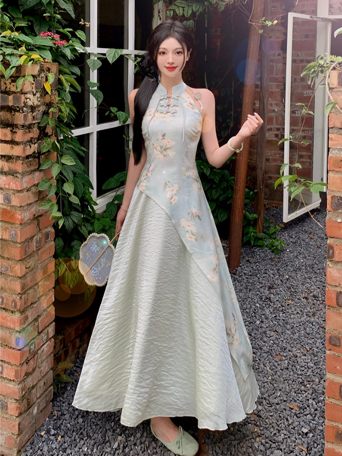 Fairy New Chinese Retro Temperament Splicing Printed Long Skirt Sleeveless Halter Neck Dress R1711