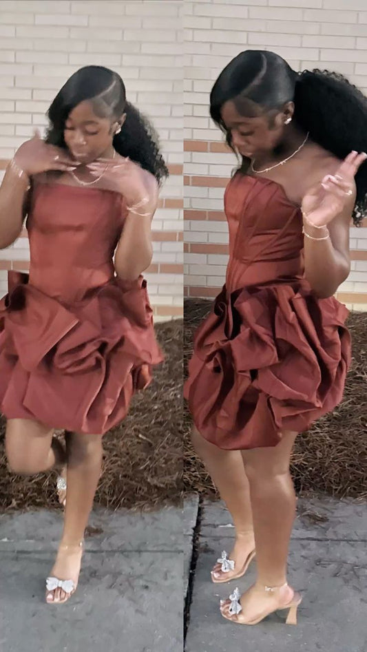 Ruffled Dark Red A-Line Strapless Bodycon Mini Dress Homecoming Dress RS253