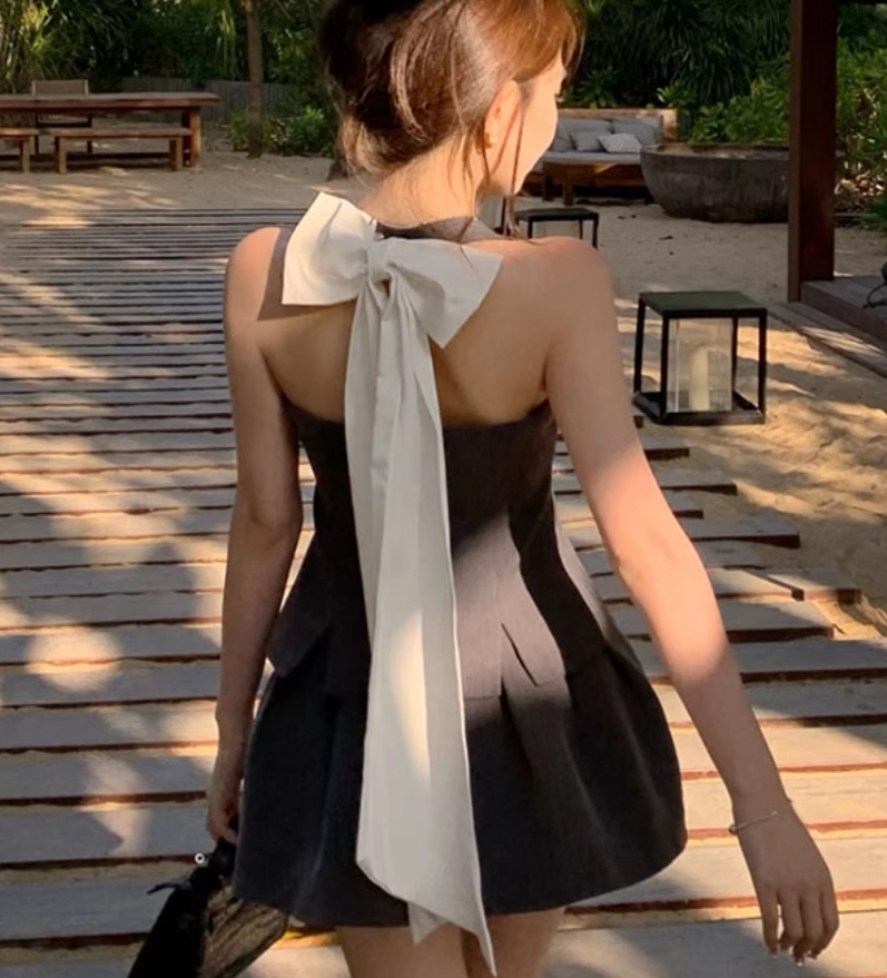 Sweet hot girl bow chic top 2025 large size vest pleated skirt suit R1287