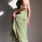 French slim side slit dress, vintage green daisy camisole, knee length skirt R2866