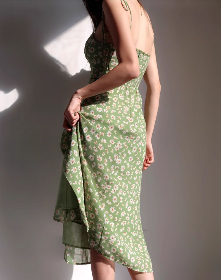 French slim side slit dress, vintage green daisy camisole, knee length skirt R2866