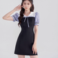 College style black dress women's summer puff sleeve short skirt new high waist splicing skirt R4461