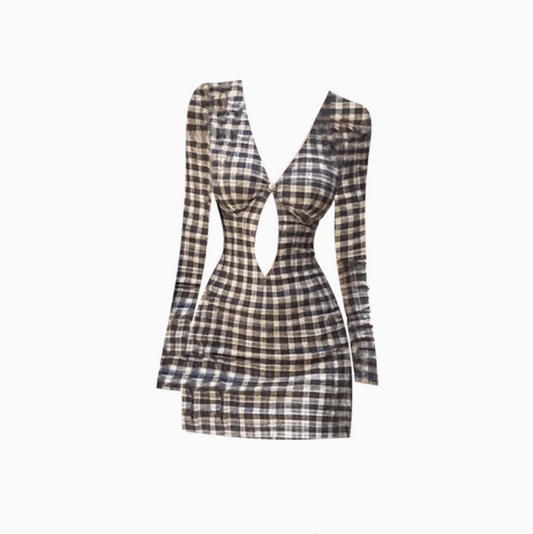 Retro design plaid long-sleeved dress 2025 hot girl waist hip skirt R1108