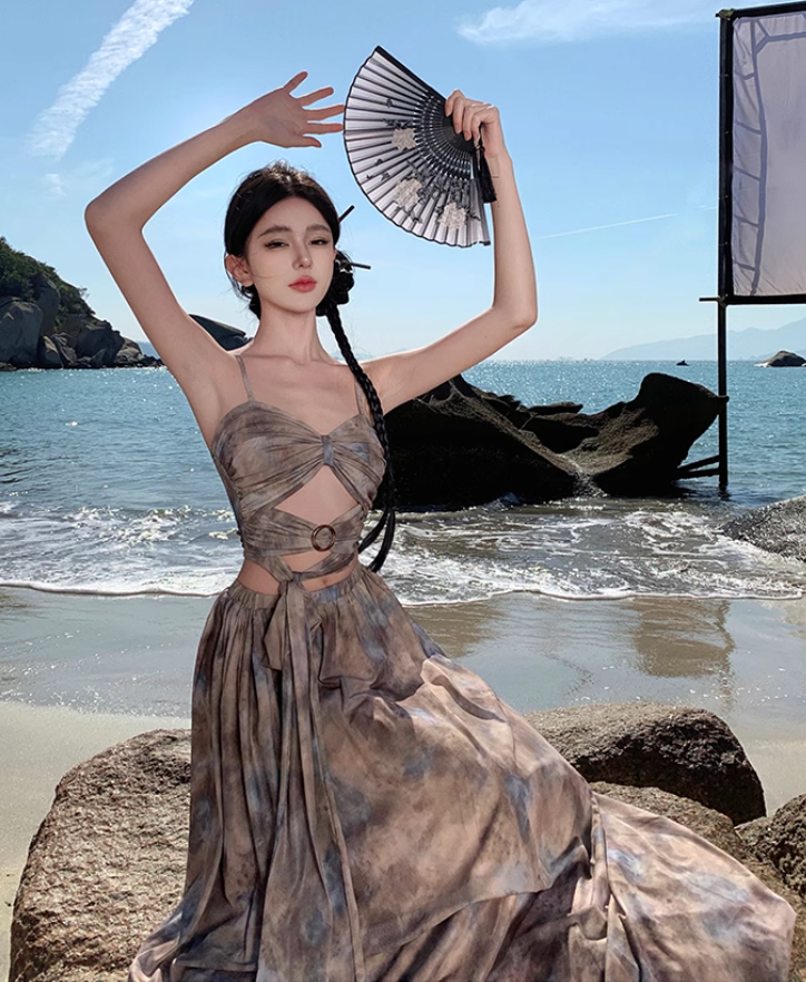 Travel wear tie-dye skirt a-line skirt temperament tube top suit women's two-piece suit R1571