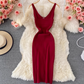 Elastic tight knitted vest skirt new summer style temperament V-neck zipper slit feminine hip dress R0368