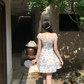 French Tulle Lace Splicing V-Neck Dress Women's Blue Floral A-Line Miniskirt R4418