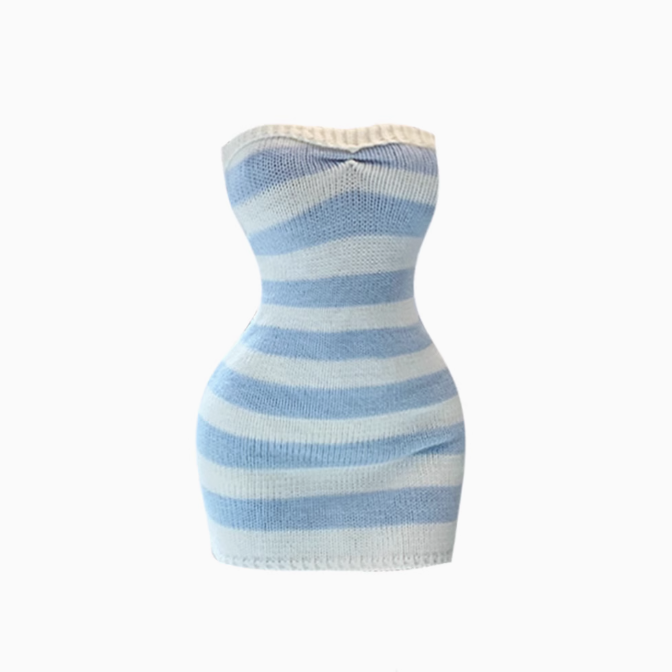 Holiday style blue and white striped tube top dress 2025 pure desire slim knitted hip skirt R1228