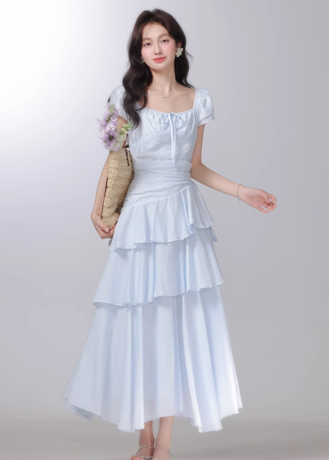 2025 French style blue dress holiday style cake long dress R1940