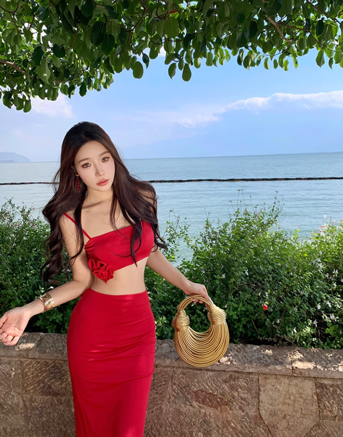 Beach Outfit Red Hip-hugging Skirt Two-piece Set Atmosphere Holiday Beach Skirt R1613