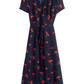2025 Summer New Black V-neck Short Sleeve Cherry Print Wrap Long Dress R0920