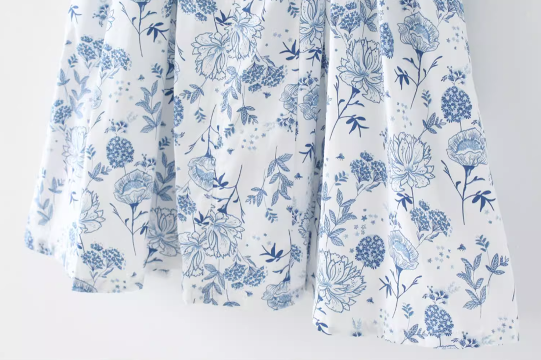 New antique style blue and white porcelain floral pattern niche slimming waist cinching suspender dress new R2878