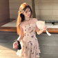 Butterfly print neckline waist A-line suspender dress summer French temperament slim skirt R5027
