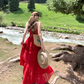 Red long v-neck off-shoulder waist halter dress summer French temperament sexy skirt R4579