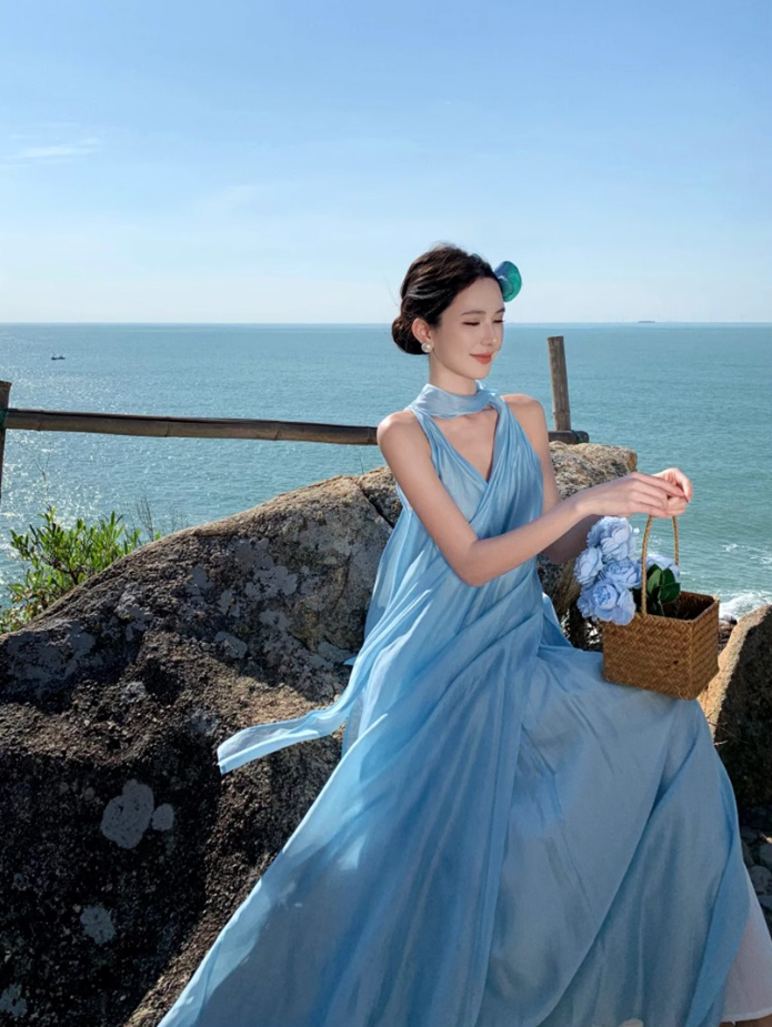 Fairy Island Travel Outfit Halter Neck V-Neck Dress Beach Dress Loose Casual Long Dress R1732
