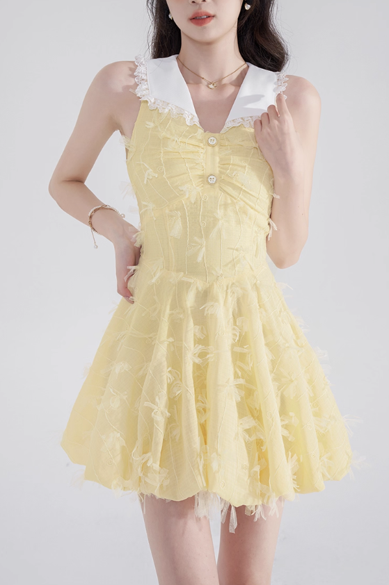 Summer pleated sleeveless dress new yellow lace sweet short skirt niche design waist skirt female R4141