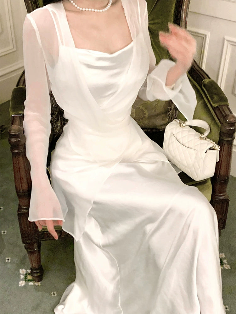 cardigan long sleeve jacket top satin long dress    S6011