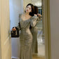 sequin dress long-sleeved slit evening dress       S6007