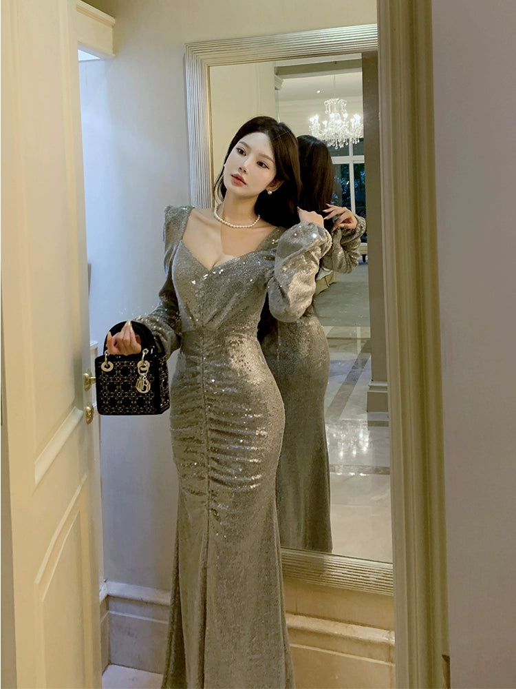 sequin dress long-sleeved slit evening dress       S6007