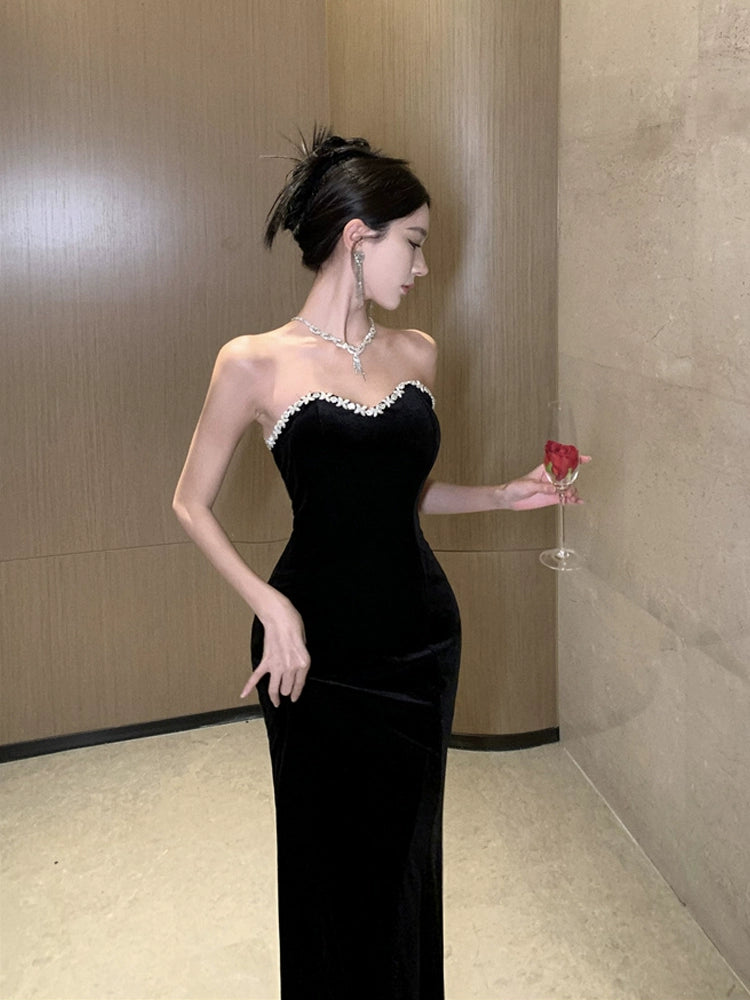 Black evening dress luxury strapless dress mermaid velvet dress      S5832