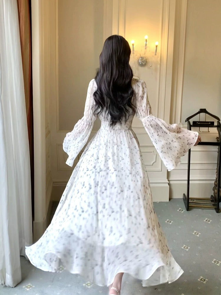 New V-neck long-sleeved chiffon floral dress      S6156