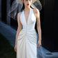 Engagement dress sexy deep V backless halter neck white dress     S5871