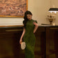 Short-sleeved cheongsam dress for women new retro jacquard slit long party dress     S5667
