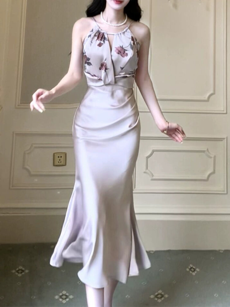 Satin printed mermaid dress long party dress      S6040