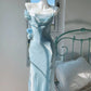 French style super fairy blue suspender dress women vintage princess long dress    S5743