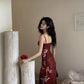 Retro red butterfly print V-neck dress for women summer long party dress      S5730