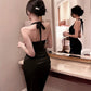 Irregular sexy backless halter neck suspender dress black evening dress       S5796
