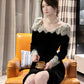 Black lace retro velvet long-sleeved dress banquet evening dress       S6163