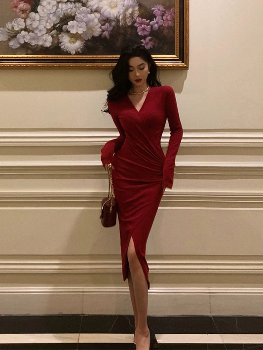 Red V-neck knitted dress for women, party dress     S5533