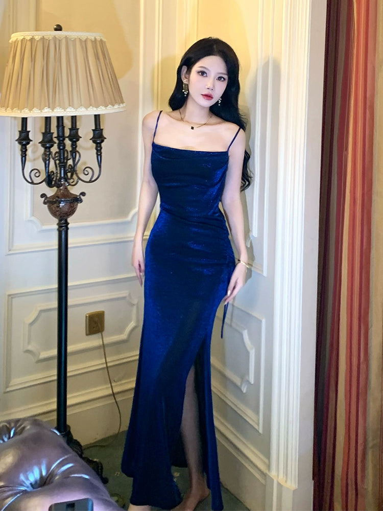 Blue shinny party dress long evening dress   S5956