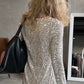 silver sequin long-sleeved dress round neck outer wear T-shirt top     S6032