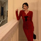 Red knitted dress for women V-neck party dress    S5605